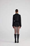 Yakası Saten Detaylı Camila Crop Blazer Ceket Siyah