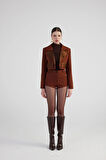 Yakası Saten Detaylı Camila Crop Blazer Ceket Kahve
