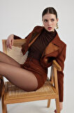 Yakası Saten Detaylı Camila Crop Blazer Ceket Kahve