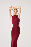 Balıkçı Yaka Bel Dekolteli Uzun Zuzana Elbise Bordo