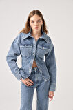 Özel Kumaş Efektli Belden Oturmalı Laura Jean Ceket Mavi