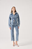Özel Kumaş Efektli Belden Oturmalı Laura Jean Ceket Mavi