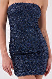 Payetli Straplez Mini Genesis Elbise Lacivert