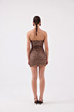 Payetli Straplez Mini Genesis Elbise Kahve