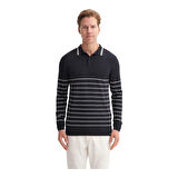 Slim Fit Viskon Dokulu Basic Çizgi Detaylı Polo Yaka Kazak-33020