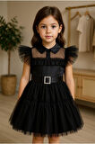 Clario - Kız Çocuk Siyah Tül Elbise - Kız Çocuklar İçin Taşlı Kemerli, Saten Detaylı Özel Gün Elbisesi 