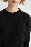 Regular Fit Bisiklet Yaka Örgü Desenli Mini Elbise