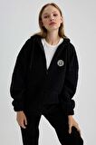 DeFacto Oversize Fit Kapüşonlu Pelüş Fermuarlı Sweatshirt Y2648AZ23WNBK81