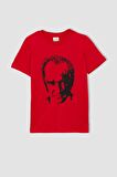 DeFacto Erkek Çocuk Bisiklet Yaka Atatürk Baskılı Pamuklu Penye Kısa Kollu Kırmızı Tişört W9131A623SMRD282