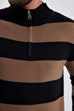 DeFacto Slim Fit Dar Kesim Çizgili Dik Yaka Fermuarlı Triko Kazak Y1577AZ23WNNV64