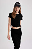 DeFacto Fitted Bisiklet Yaka Kısa Kollu Bağlama Detaylı Fitilli Kaşkorse Crop Tişört T9632AZ23SPBK81