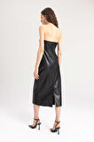 DeFacto Bodycon Vücudu Saran Straplez Basic Düz Yırtmaçlı Suni Deri Midi Elbise C2284AX24SPBK27