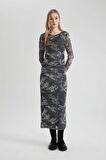 DeFacto Coool Bodycon Desenli Tül Uzun Kollu Maxi Elbise C1891AX24SPGR452