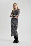 DeFacto Coool Bodycon Desenli Tül Uzun Kollu Maxi Elbise C1891AX24SPGR452