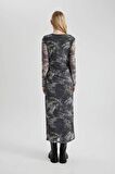 DeFacto Coool Bodycon Desenli Tül Uzun Kollu Maxi Elbise C1891AX24SPGR452
