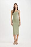 DeFacto Bodycon Vücuda Oturan Basic Düz Kare Yaka Fitilli Kaşkorse Kolsuz Midi Elbise Z7577AZ24SMGN1219