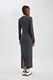 DeFacto Bodycon Bisiklet Yaka Fitilli Kaşkorse Maxi Uzun Kollu Yıkamalı Soluk Efektli Elbise C1652AX24SPAR15