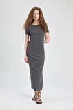 DeFacto Bodycon Bisiklet Yaka Fitilli Kaşkorse Kısa Kollu Maxi Elbise C2220AX24SPAR15