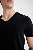 DeFacto %100 Pamuk Slim Fit Dar Kesim V Yaka Basic Düz Kısa Kollu Siyah Tişört M7668AZ24SPBK81