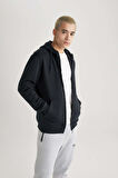 DeFacto Regular Fit Kapüşonlu İçi Yumuşak Tüylü Cepli Basic Düz Fermuarlı Sweatshirt X8331AZ24SPAR204