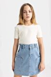 DeFacto Kız Çocuk Slim Fit Dar Kesim Bisiklet Yaka Ribana Basic Düz Kısa Kollu Tişört B3054A824SMER99