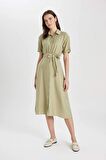 DeFacto Gömlek Yaka Keten Görünümlü Kuşaklı Kısa Kollu Midi Elbise U6943AZ24SMKH271
