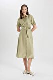 DeFacto Gömlek Yaka Keten Görünümlü Kuşaklı Kısa Kollu Midi Elbise U6943AZ24SMKH271