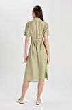 DeFacto Gömlek Yaka Keten Görünümlü Kuşaklı Kısa Kollu Midi Elbise U6943AZ24SMKH271