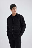 DeFacto %100 Pamuk Relax Fit Polo Yaka Gabardin Uzun Kollu Siyah Gömlek C1477AX24SPBK81