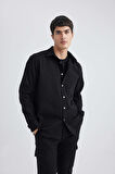 DeFacto %100 Pamuk Relax Fit Polo Yaka Gabardin Uzun Kollu Siyah Gömlek C1477AX24SPBK81