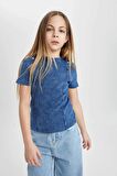 DeFacto Kız Çocuk Slim Fit Dar Kesim Bisiklet Yaka Fitilli Kaşkorse Kısa Kollu Tişört C3187A824SMBE341