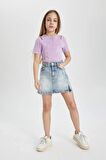 DeFacto Kız Çocuk Slim Fit Dar Kesim Bisiklet Yaka Fitilli Kaşkorse Kısa Kollu Tişört C3187A824SMPR61