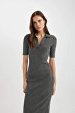 DeFacto Bodycon Vücudu Saran Polo Yaka Yıkamalı Fitilli Kaşkorse Kısa Kollu Midi Elbise C2893AX24SPGR450