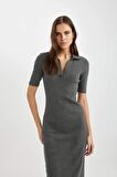 DeFacto Bodycon Vücudu Saran Polo Yaka Yıkamalı Fitilli Kaşkorse Kısa Kollu Midi Elbise C2893AX24SPGR450