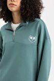 DeFactoFit Oversize Geniş Kalıp Fermuarlı Dik Yaka Baskılı Sporcu Sweatshirt B4572AX24SPGN1191
