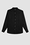 DeFacto %100 Keten Regular Fit Polo Yaka Yazlık Basic Düz Uzun Kollu Gömlek C1825AX24SMBK27