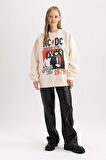 DeFacto Coool AC/DC Oversize Geniş Kalıp Bisiklet Yaka Sırt Baskılı Kalın Sweatshirt B3009AX23WNER42