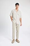 DeFacto Relax Fit Polo Yaka Keten Basic Düz Kısa Kollu Gömlek B6687AX24SPBG74