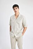 DeFacto Relax Fit Polo Yaka Keten Basic Düz Kısa Kollu Gömlek B6687AX24SPBG74