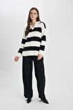 DeFacto Regular Fit Polo Yaka Çizgili Triko Kazak Tunik B8370AX24SPER133