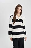 DeFacto Regular Fit Polo Yaka Çizgili Triko Kazak Tunik B8370AX24SPER133