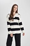 DeFacto Regular Fit Polo Yaka Çizgili Triko Kazak Tunik B8370AX24SPER133