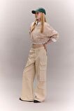 DeFacto Coool Basic Düz Wide Leg Geniş Bol Paça Pantolon Gabardin Kumaş Kargo Cepli C3890AX24SPBG702
