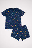 Kız Bebek Yıldız Desenli Karanlıkta Parlayan Kısa Kollu Şortlu Penye Pijama Takımı