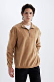 Comfort Regular Fit Rahat Kalıp Dik Yaka Baskılı Polar Sweatshirt