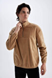Comfort Regular Fit Rahat Kalıp Dik Yaka Baskılı Polar Sweatshirt