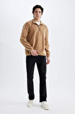 Comfort Regular Fit Rahat Kalıp Dik Yaka Baskılı Polar Sweatshirt