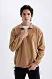 Comfort Regular Fit Rahat Kalıp Dik Yaka Baskılı Polar Sweatshirt