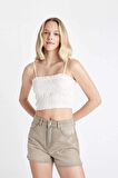 DeFacto Crop Askılı Beyaz Poplin Bluz D0363AX24SMWT32