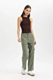 Straight Fit Kargo Kargo Cepli Yüksek Bel Geniş Paça Gabardin Pantolon